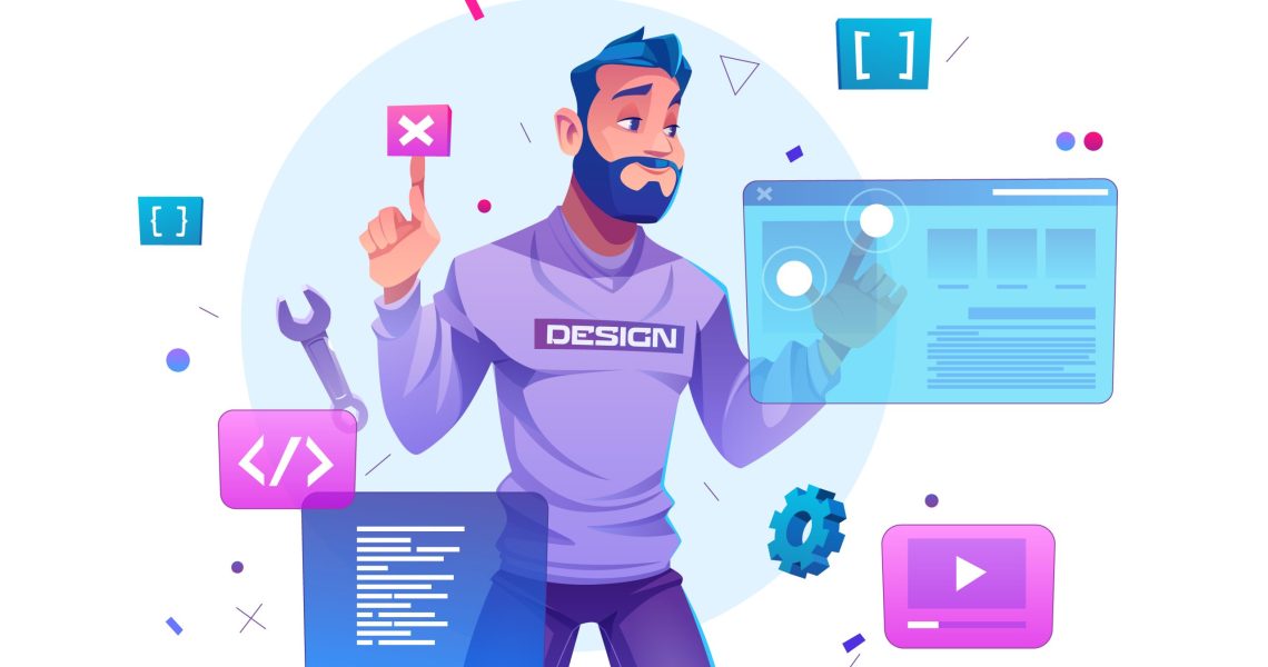 Web development, programmer engineering and coding website on augmented reality interface screens. developer project engineer programming software or application design, Cartoon vector illustration
